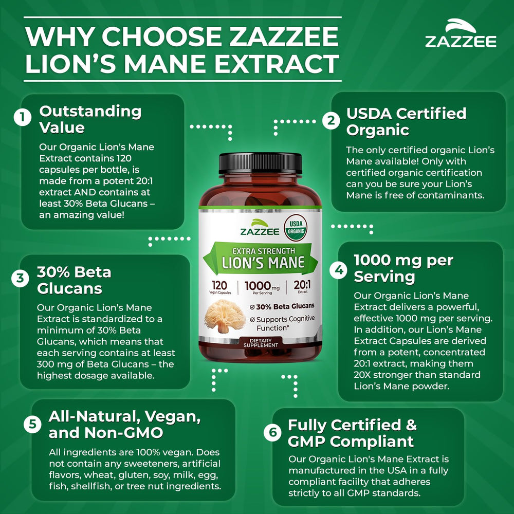 Zazzee Lion's Mane 20:1 extract on a clean kitchen counter for daily use.
