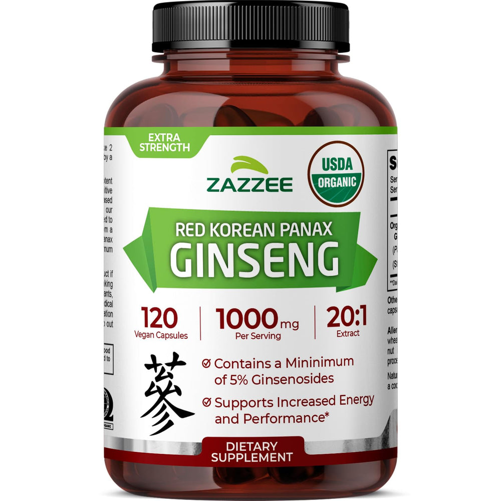 Zazzee Red Korean Panax Ginseng bottle front view with 20:1 extract.