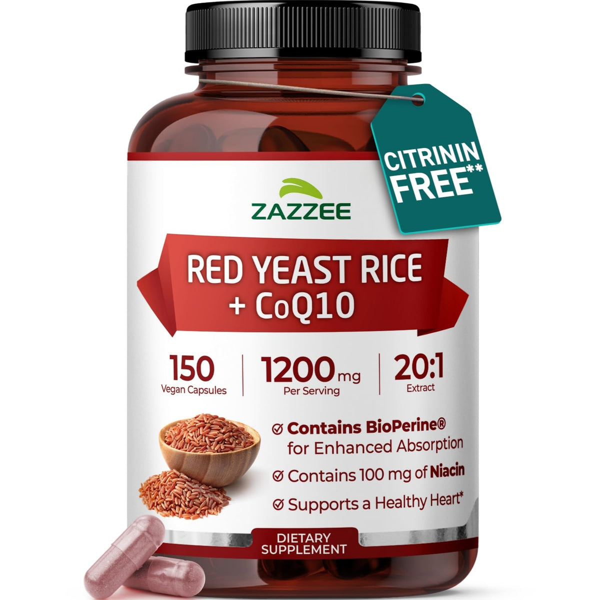 Zazzee Red Yeast Rice bottle with 20:1 extract for potent daily supplementation