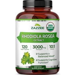 Zazzee Rhodiola 10x extract bottle denotes potency for focus