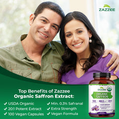Zazzee saffron capsules close-up illustrating vegan capsule format.
