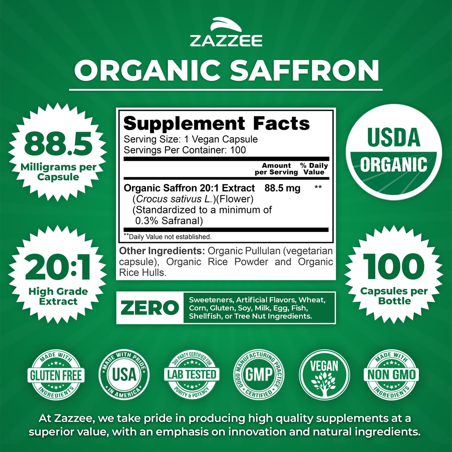 Zazzee saffron extract powder close-up highlighting potency and quality.