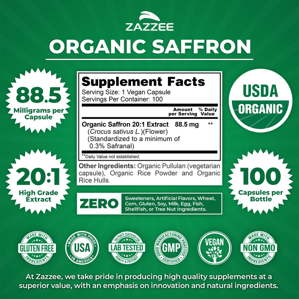 Zazzee saffron extract powder close-up highlighting potency and quality.