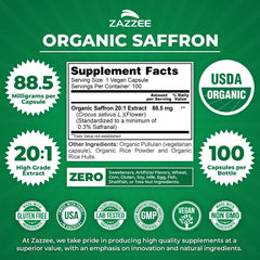 Zazzee saffron extract powder close-up highlighting potency and quality.