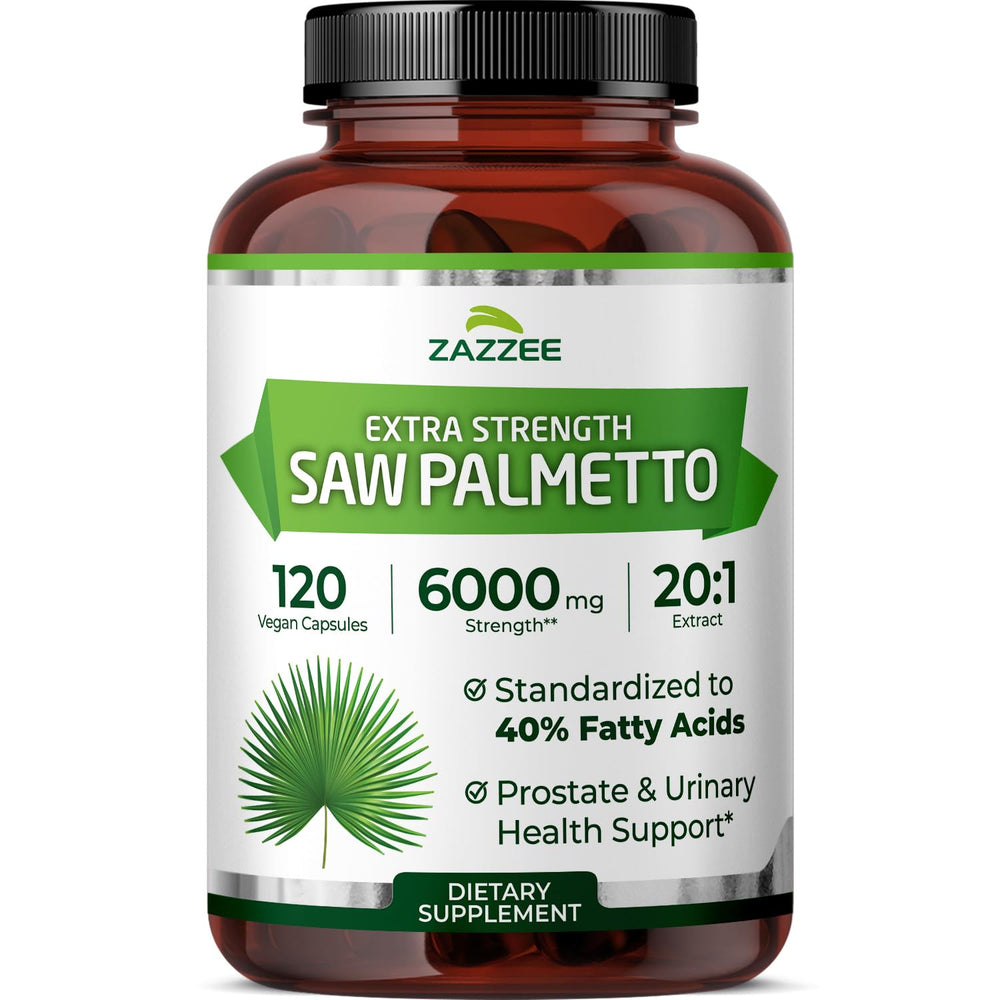 Zazzee Saw Palmetto 20:1 extract bottle highlights potent formula for daily wellness