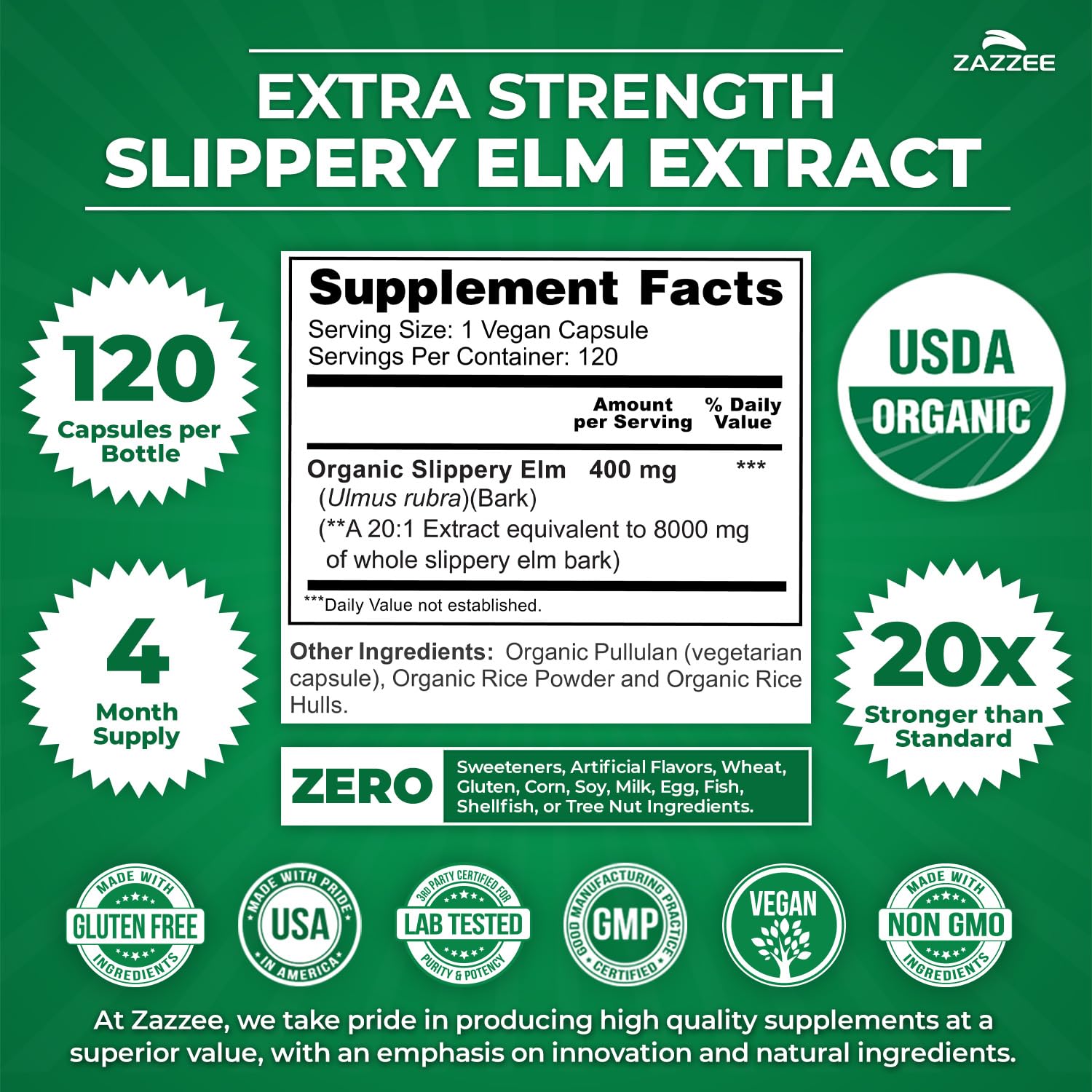 Zazzee Slippery Elm 20:1 extract potency highlighted on the label.