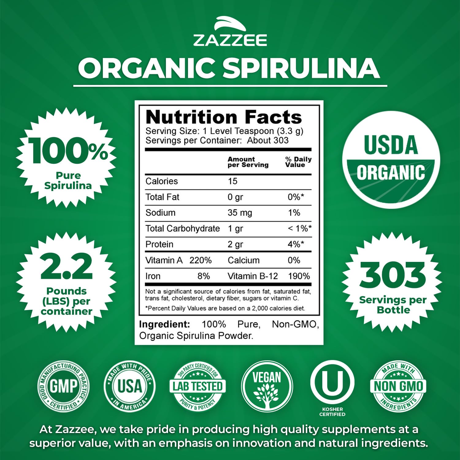 Close-up of Zazzee spirulina powder texture showing vibrant green color.