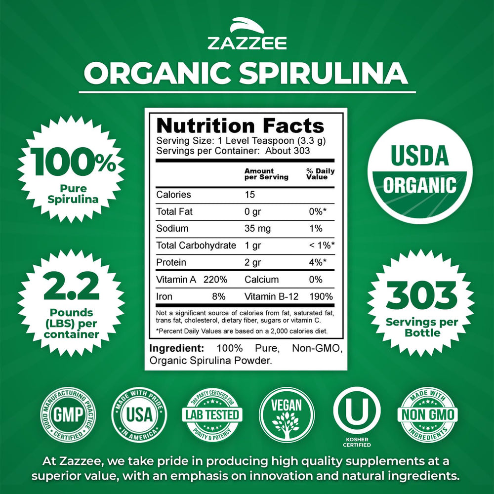 Close-up of Zazzee spirulina powder texture showing vibrant green color.