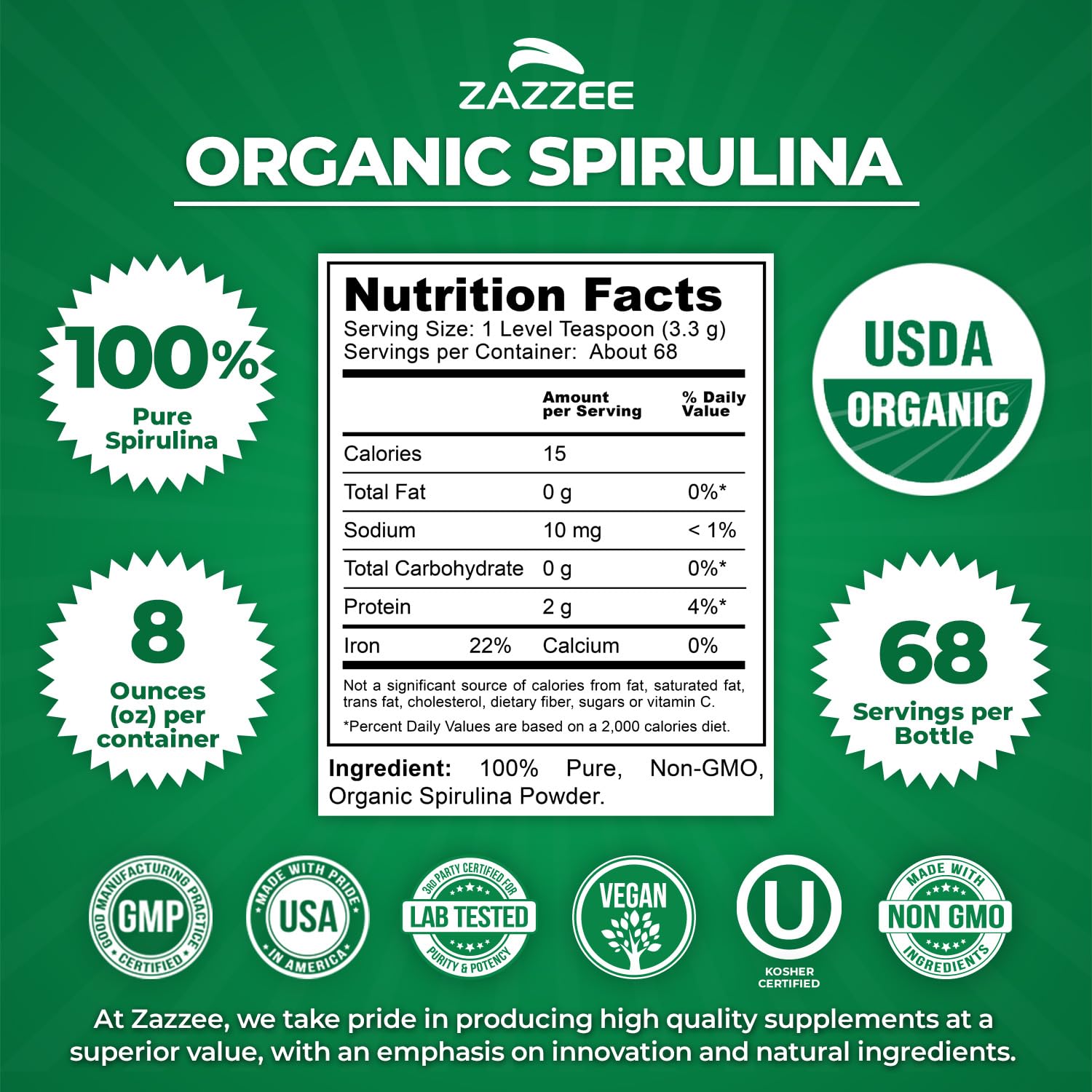 Open Zazzee Spirulina Powder jar revealing powder texture for easy scooping.
