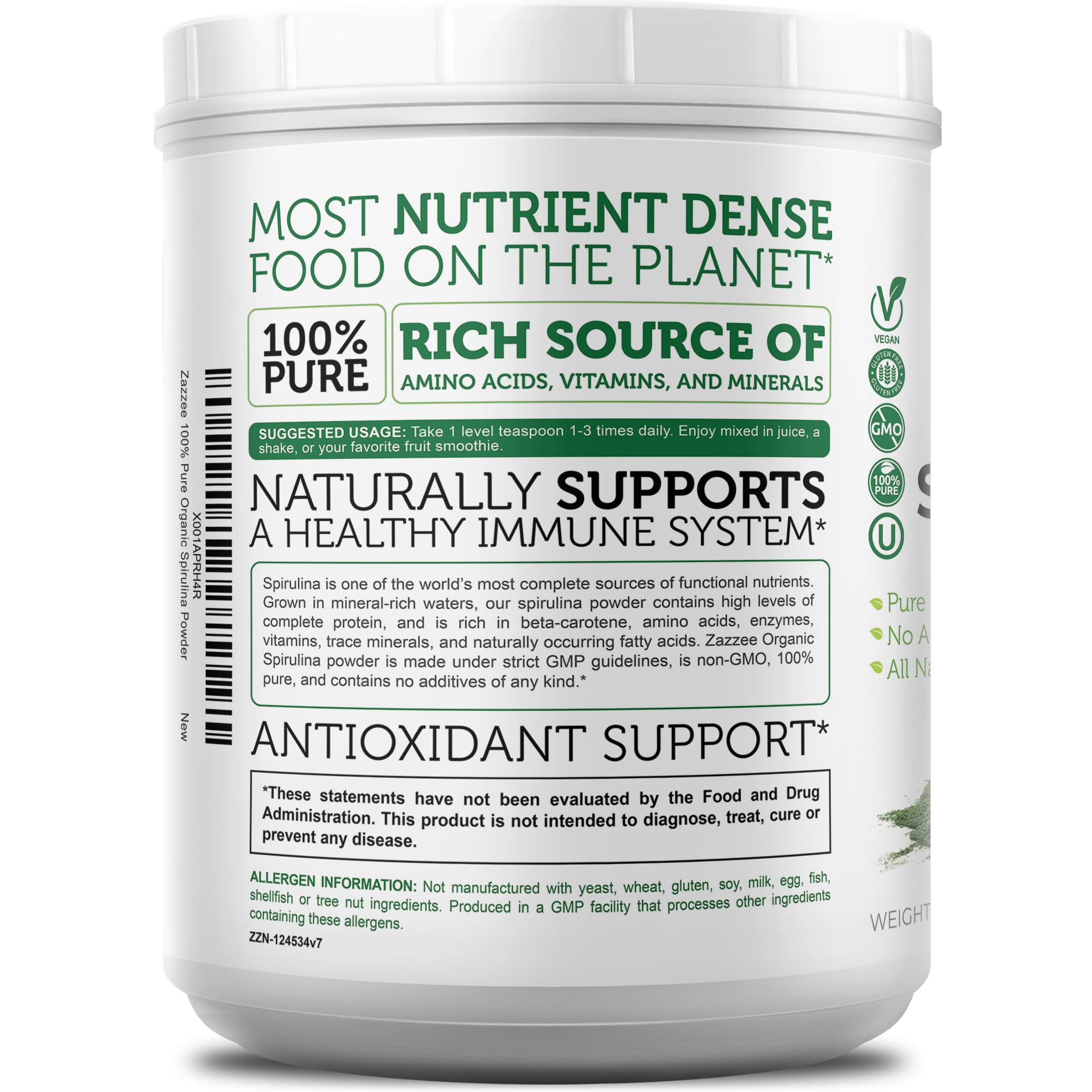Kosher certification mark on Zazzee spirulina powder label.