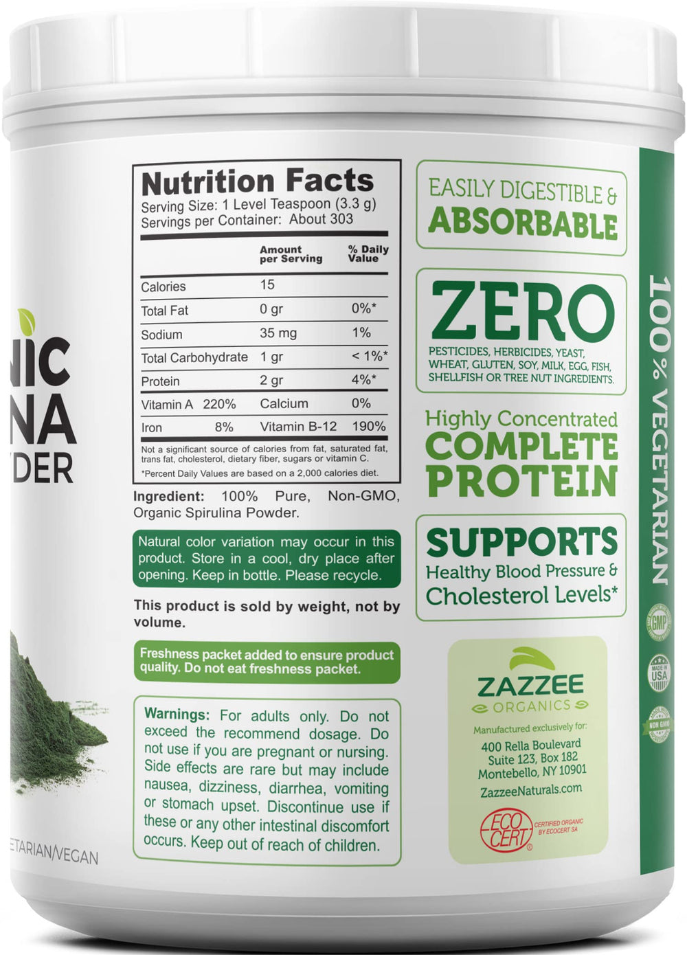 Made in USA label on Zazzee spirulina powder packaging.
