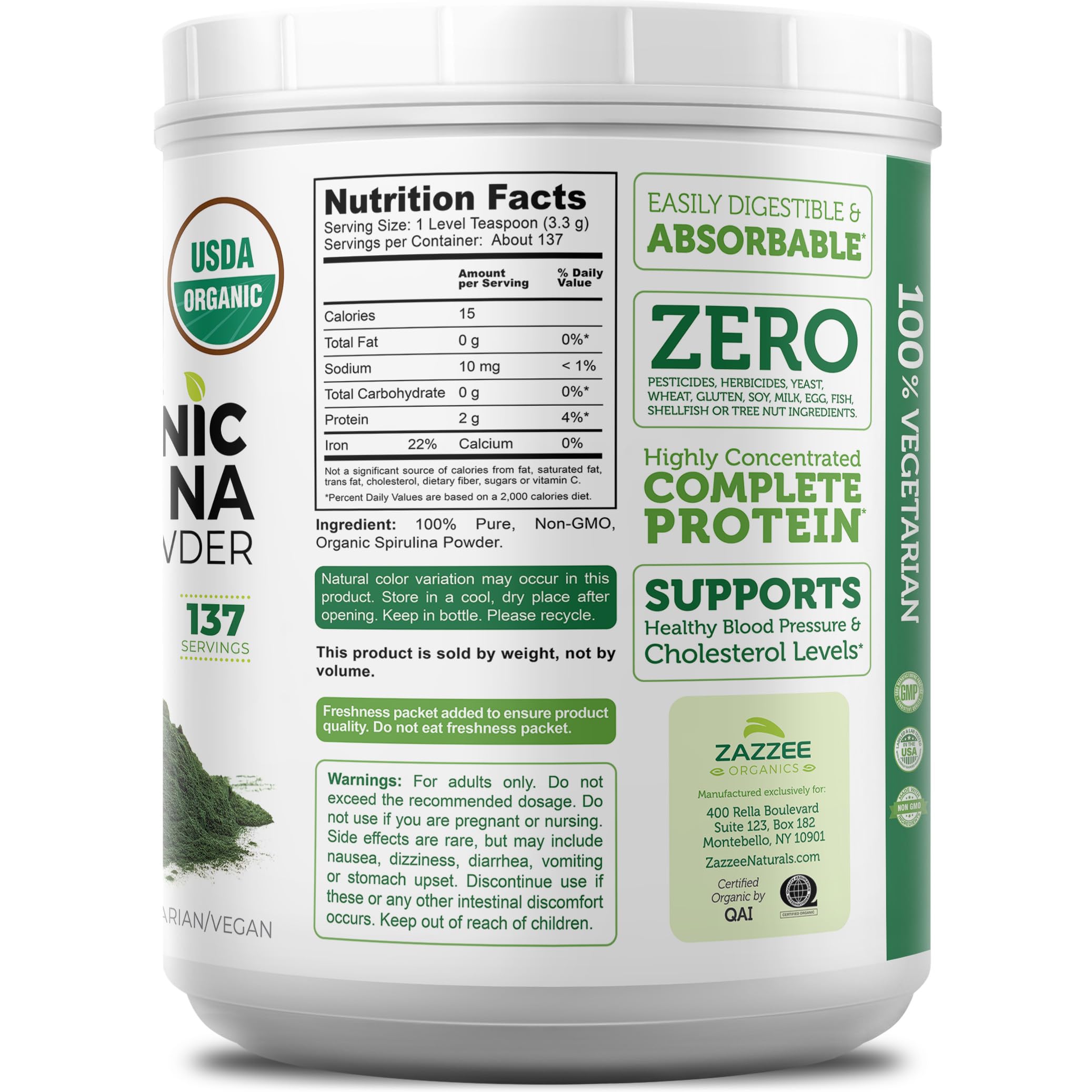 Zazzee spirulina powder made in USA, produced under strict quality controls.