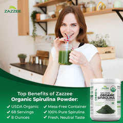 Zazzee Spirulina Powder blended into a smoothie for color and nutrition.