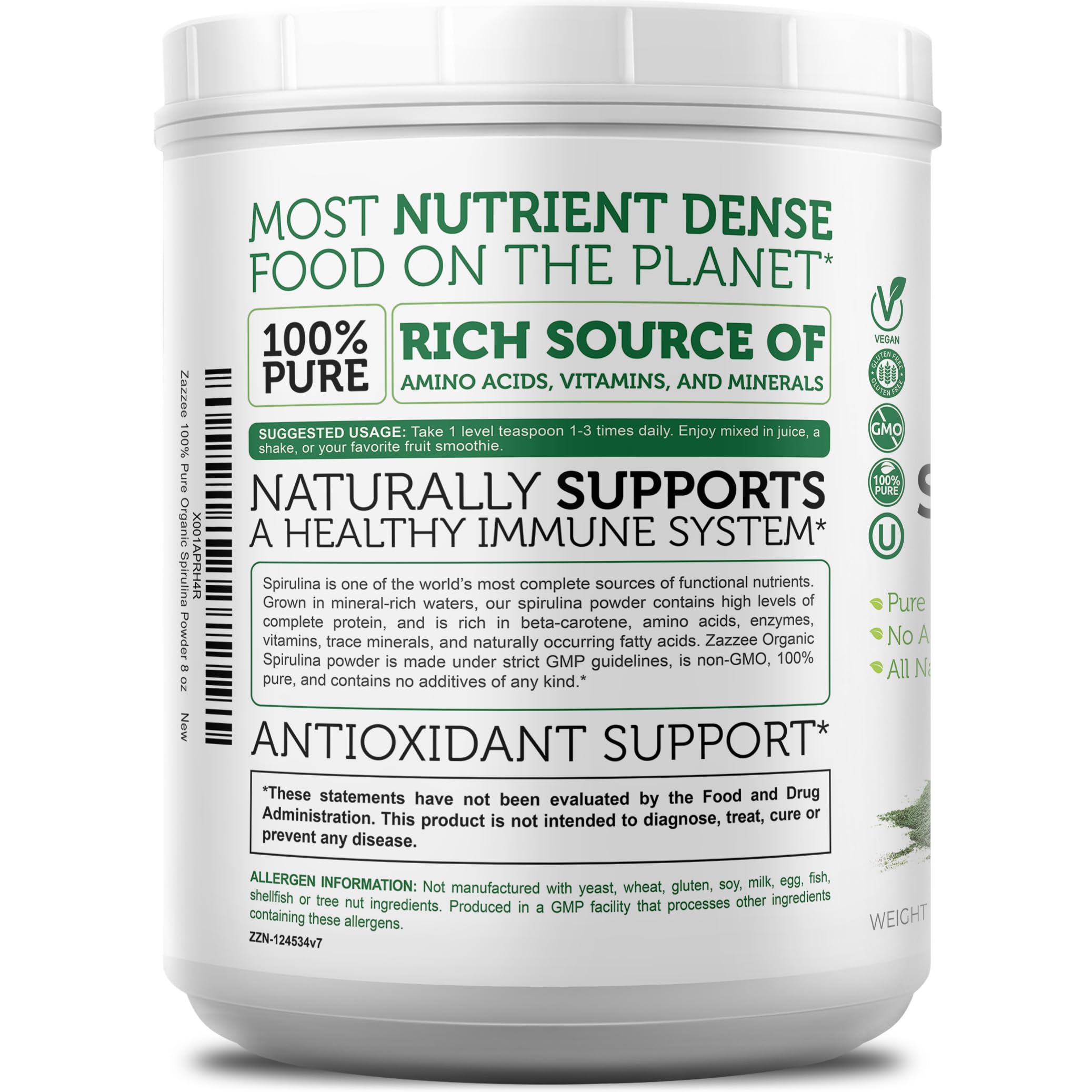 Zazzee spirulina powder neutral taste, blends smoothly into beverages and foods.