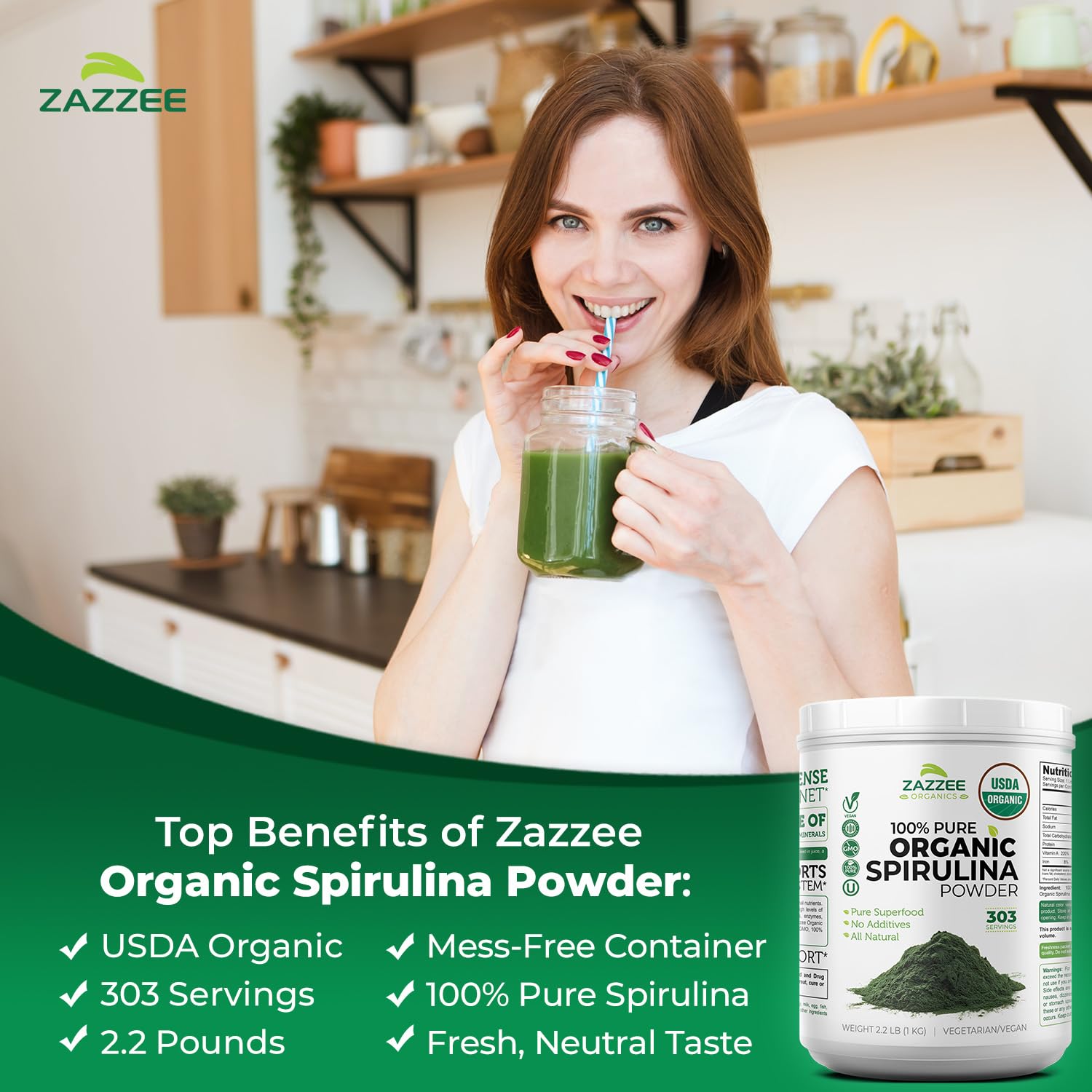 USDA Organic label on Zazzee spirulina powder bottle.