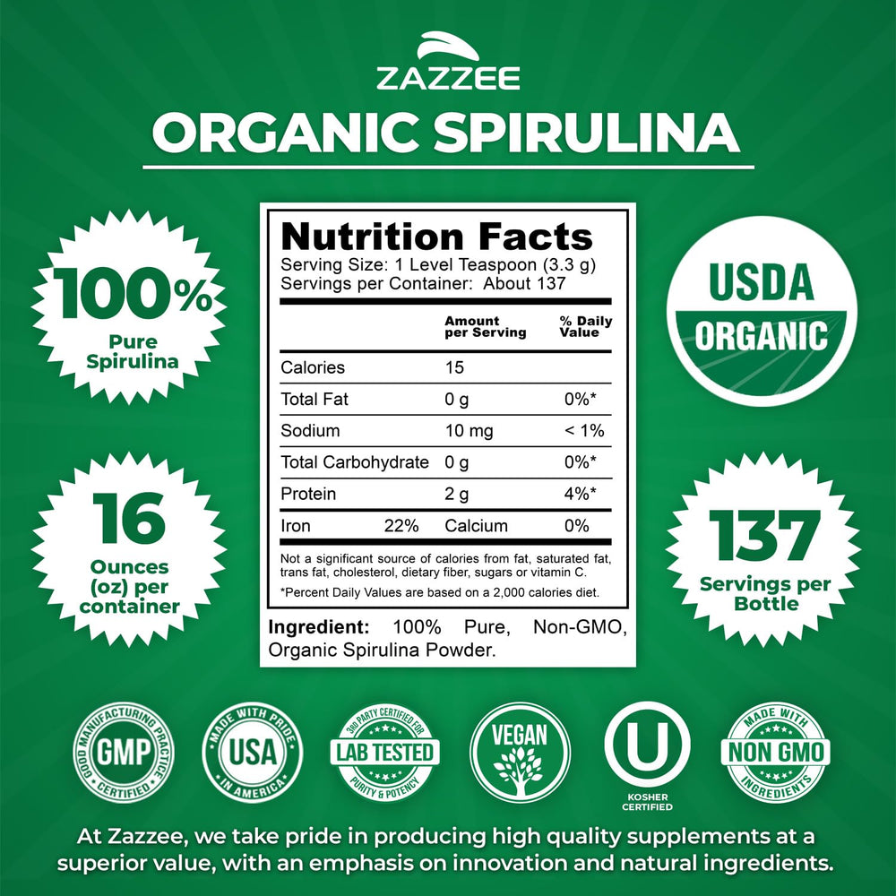 Zazzee spirulina powder organic label highlights USDA Organic purity for daily nutrition.