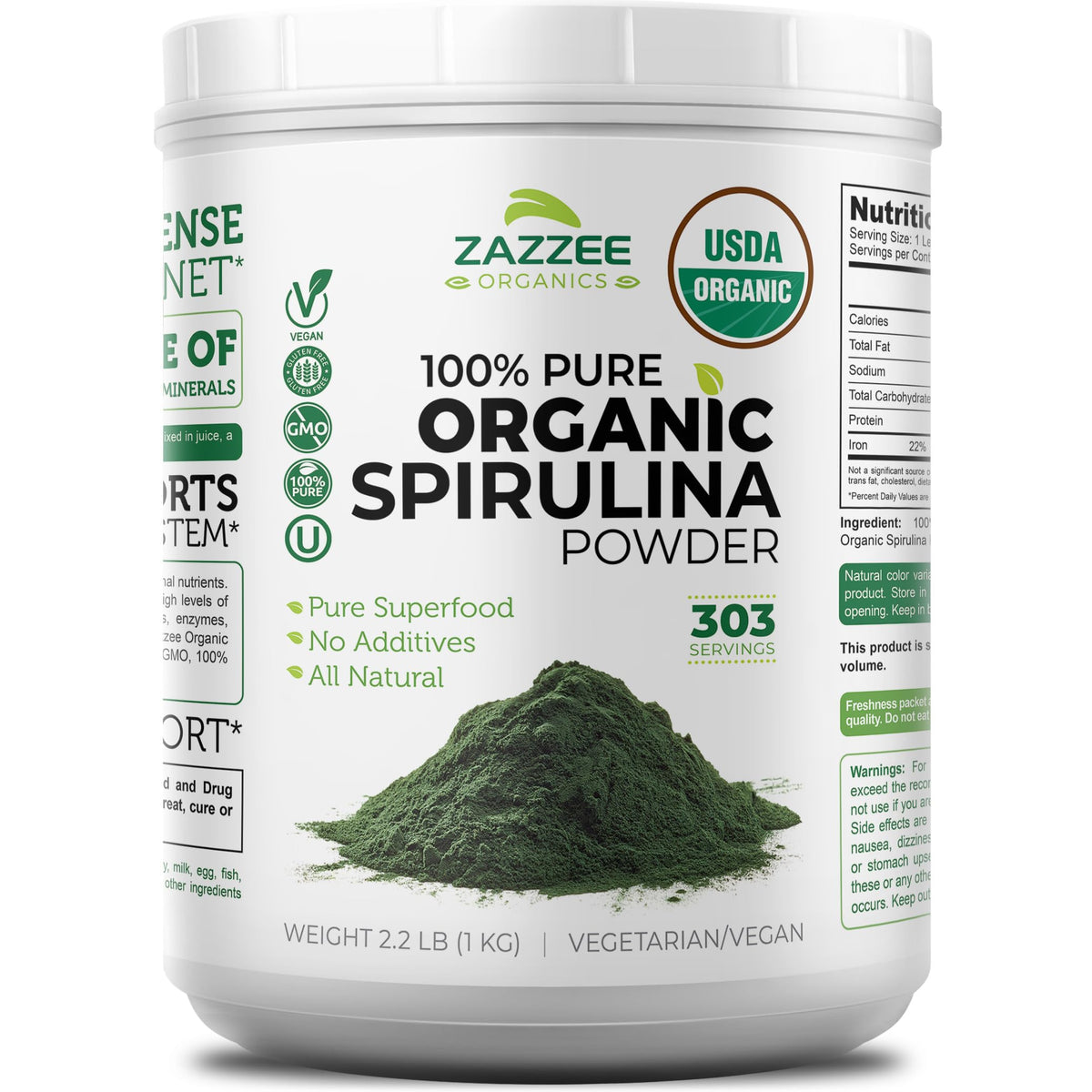 Zazzee spirulina powder in a wide-mouth container for mess-free scooping.