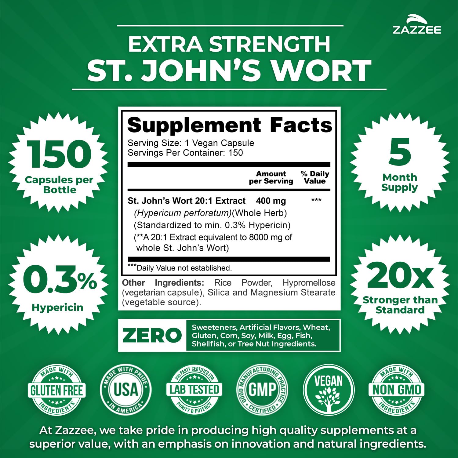 Zazzee St. John’s Wort capsules close-up shows 20:1 extract potency.