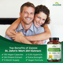 Zazzee label details emphasize 0.3% hypericin standardization for quality.