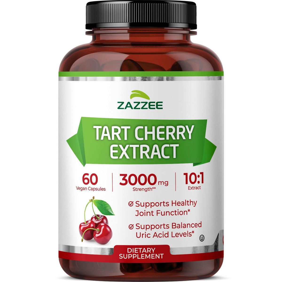Zazzee Tart Cherry 10:1 bottle with 60 vegan capsules for daily joint support.
