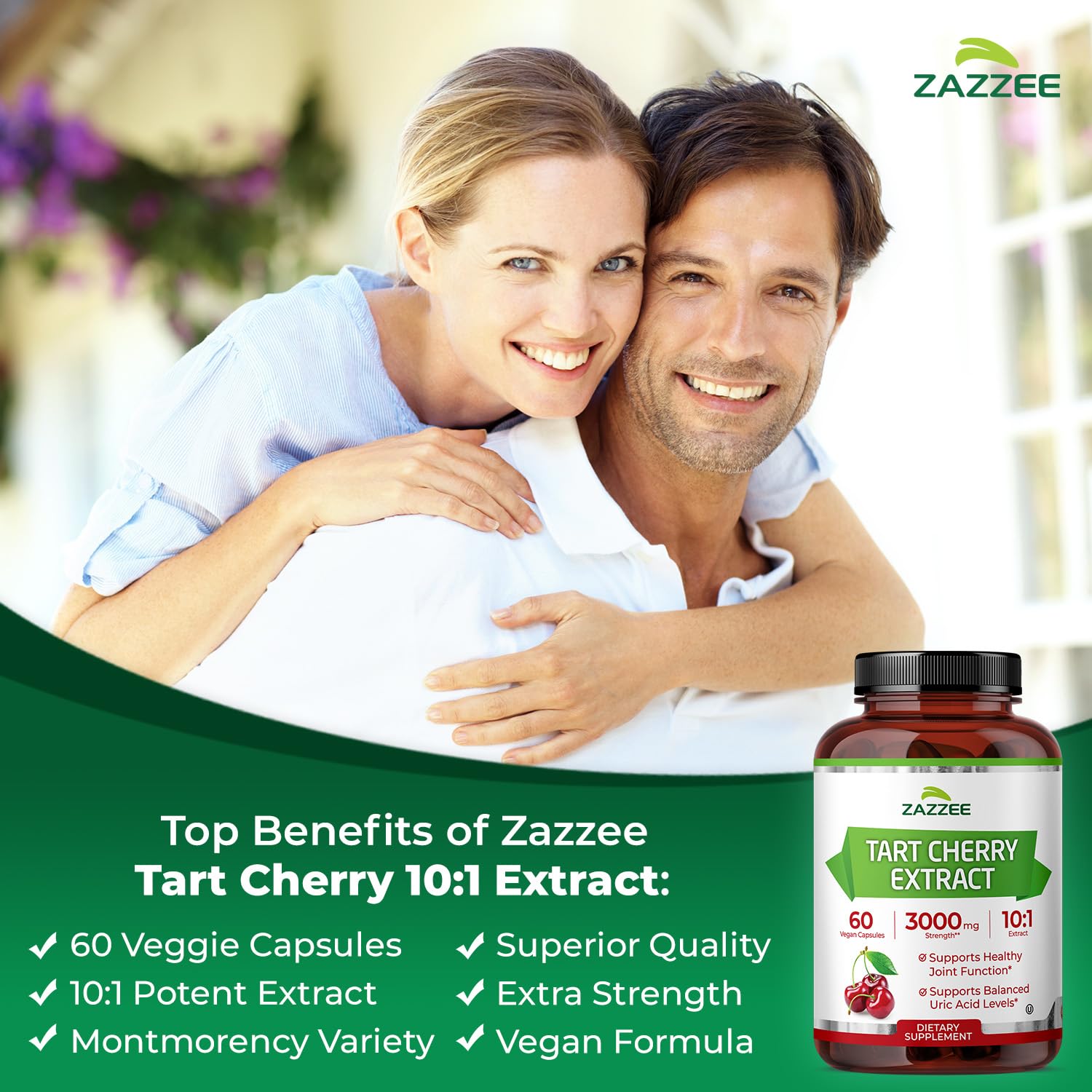 Zazzee Tart Cherry 10:1 capsules close-up highlighting Montmorency cherry extract.