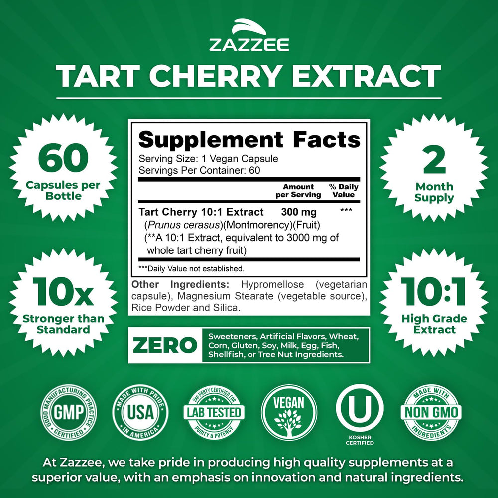 Zazzee Tart Cherry 10:1 Montmorency fruit illustration emphasizes antioxidants.