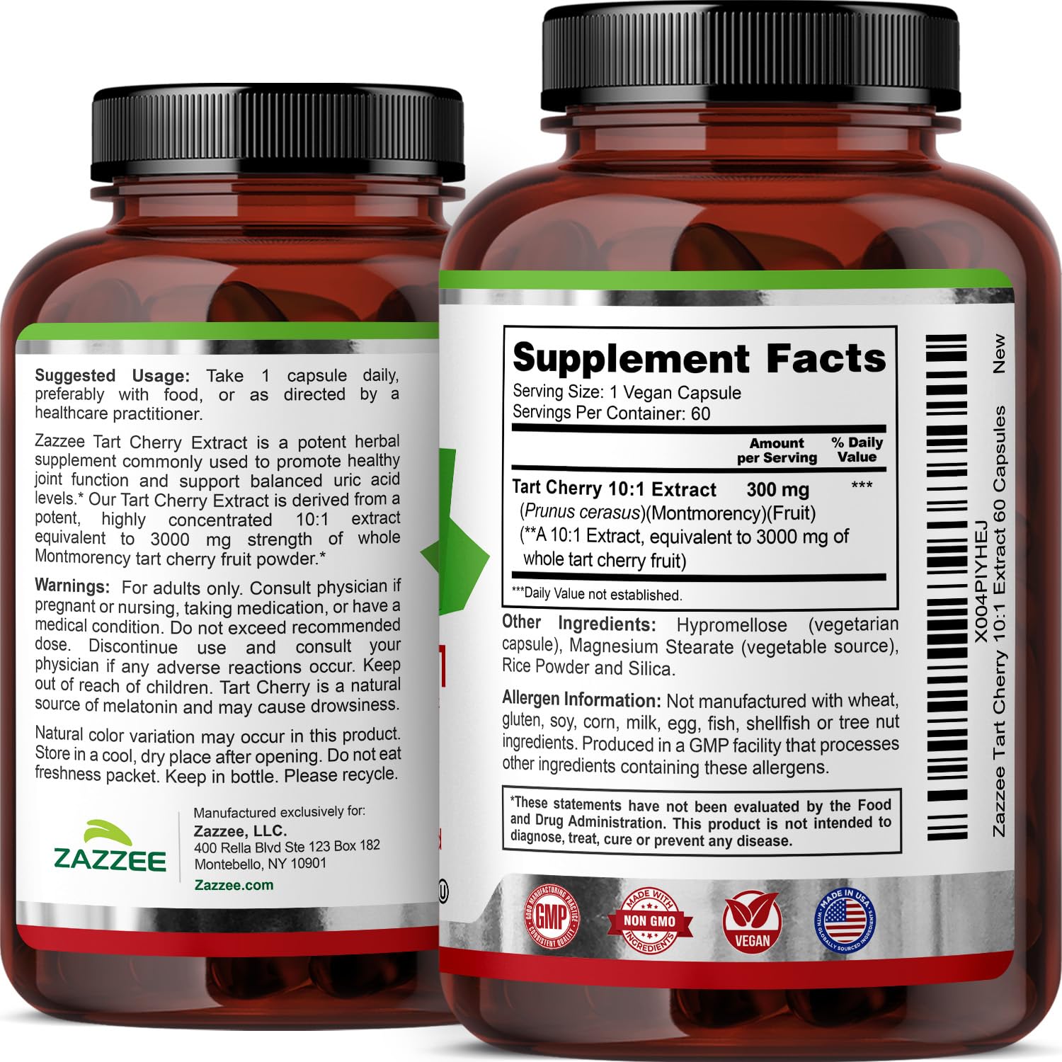 Zazzee Tart Cherry 10:1 vegan capsules for safe daily use.