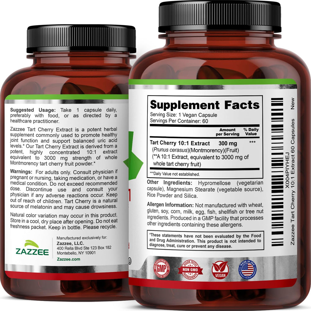 Zazzee Tart Cherry 10:1 vegan capsules for safe daily use.