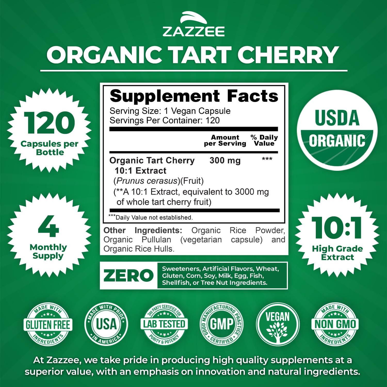 Capsules of Zazzee Tart Cherry 10:1 extract for daily wellness