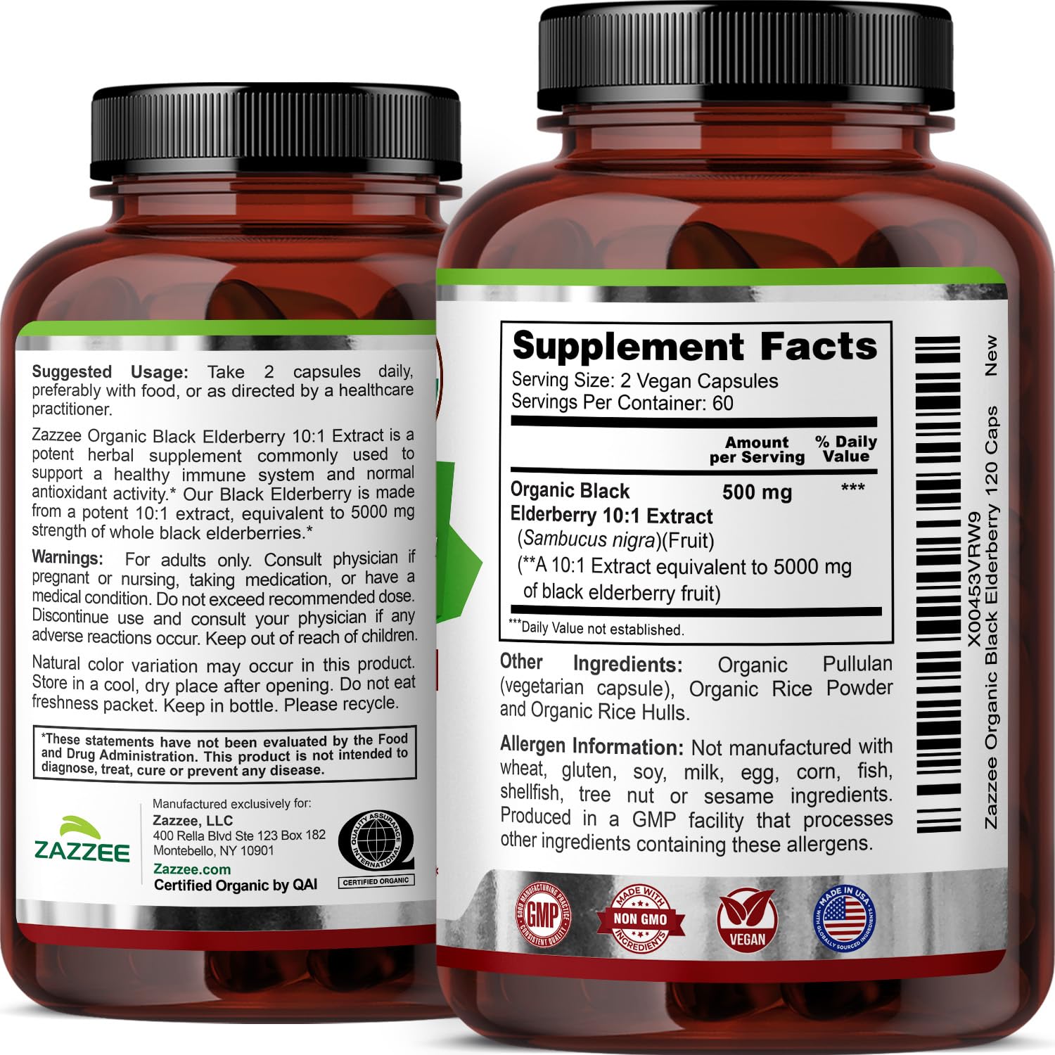 Two-month supply display of Zazzee elderberry capsules