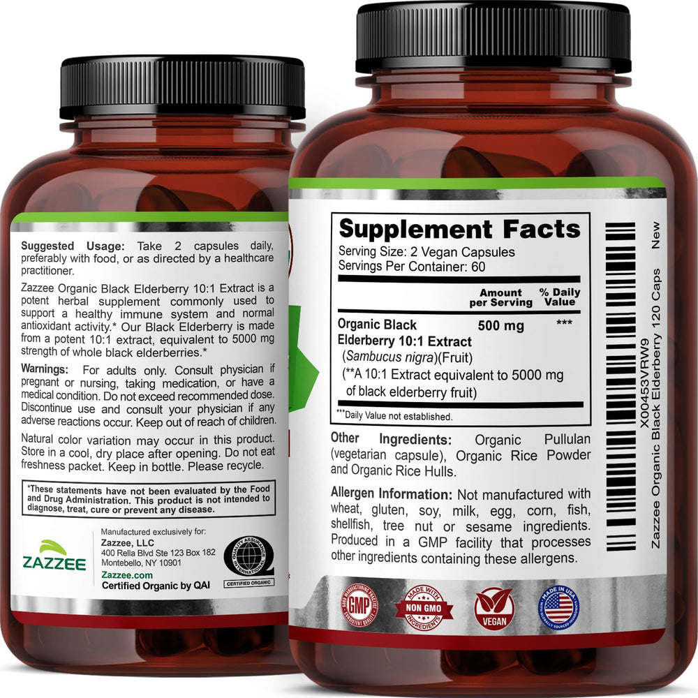 Two-month supply display of Zazzee elderberry capsules
