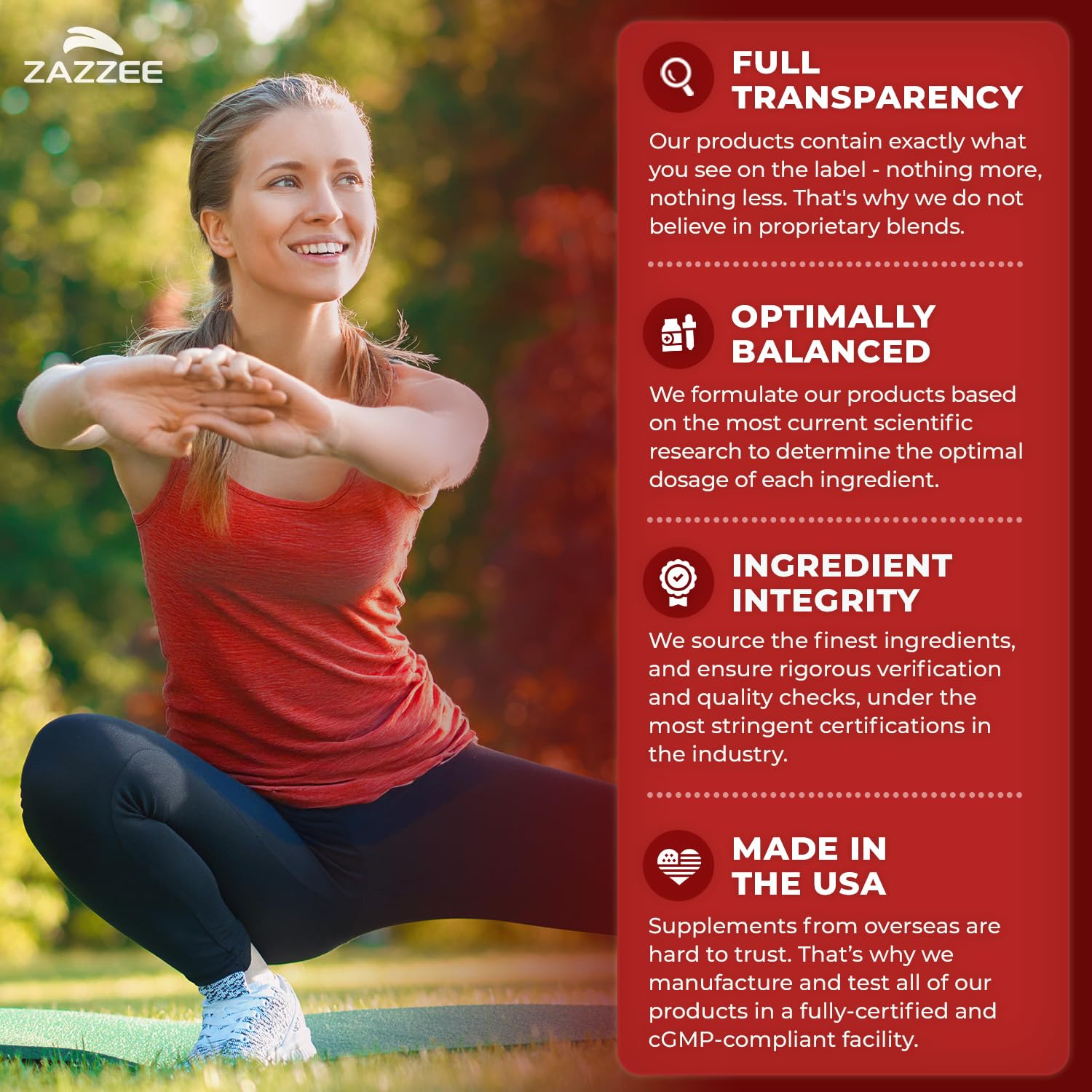 USA-made facility label on Zazzee bottle conveys quality standards