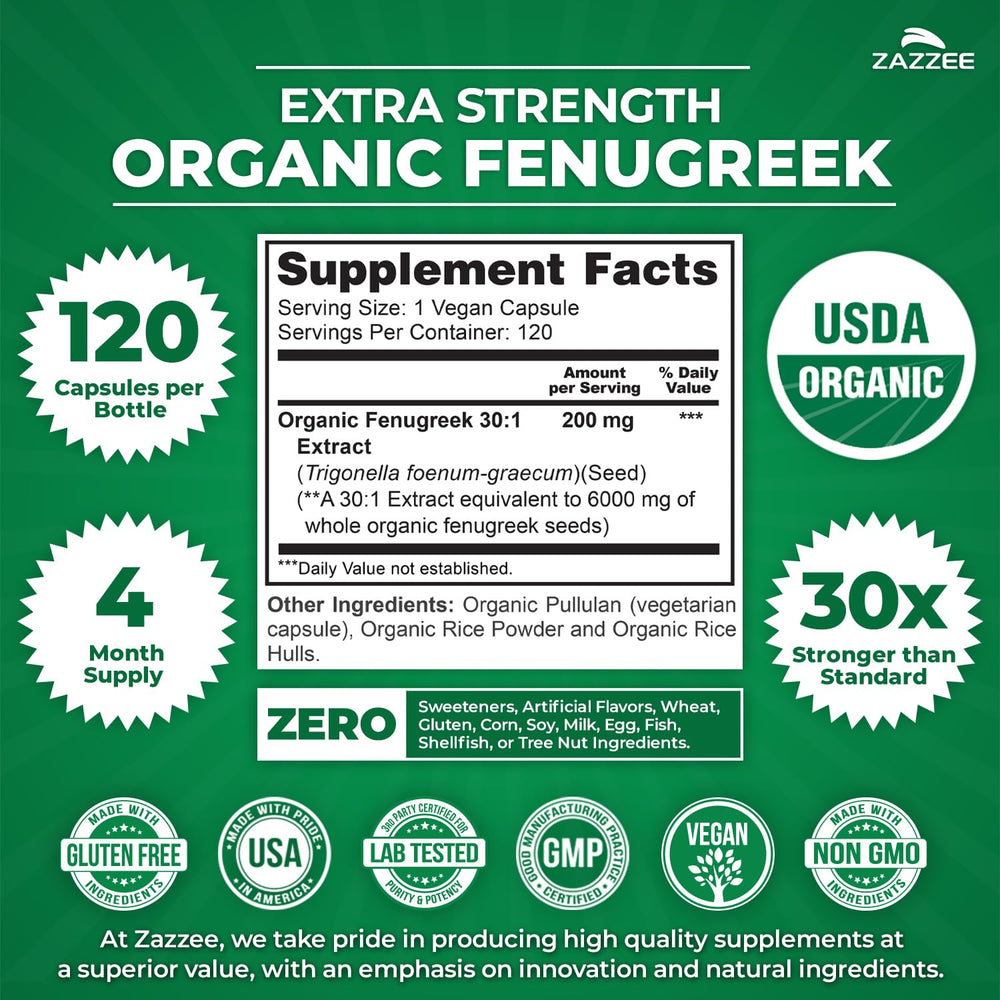 Close-up of the USDA organic seal on Zazzee fenugreek packaging.