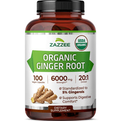 Zazzee USDA Organic Ginger Root Extract bottle with 100 vegan capsules for daily digestive support.