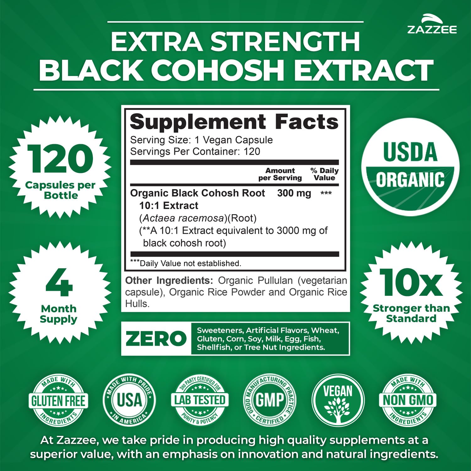 Zazzee Black Cohosh label featuring USDA Organic seal for all-natural reliability.