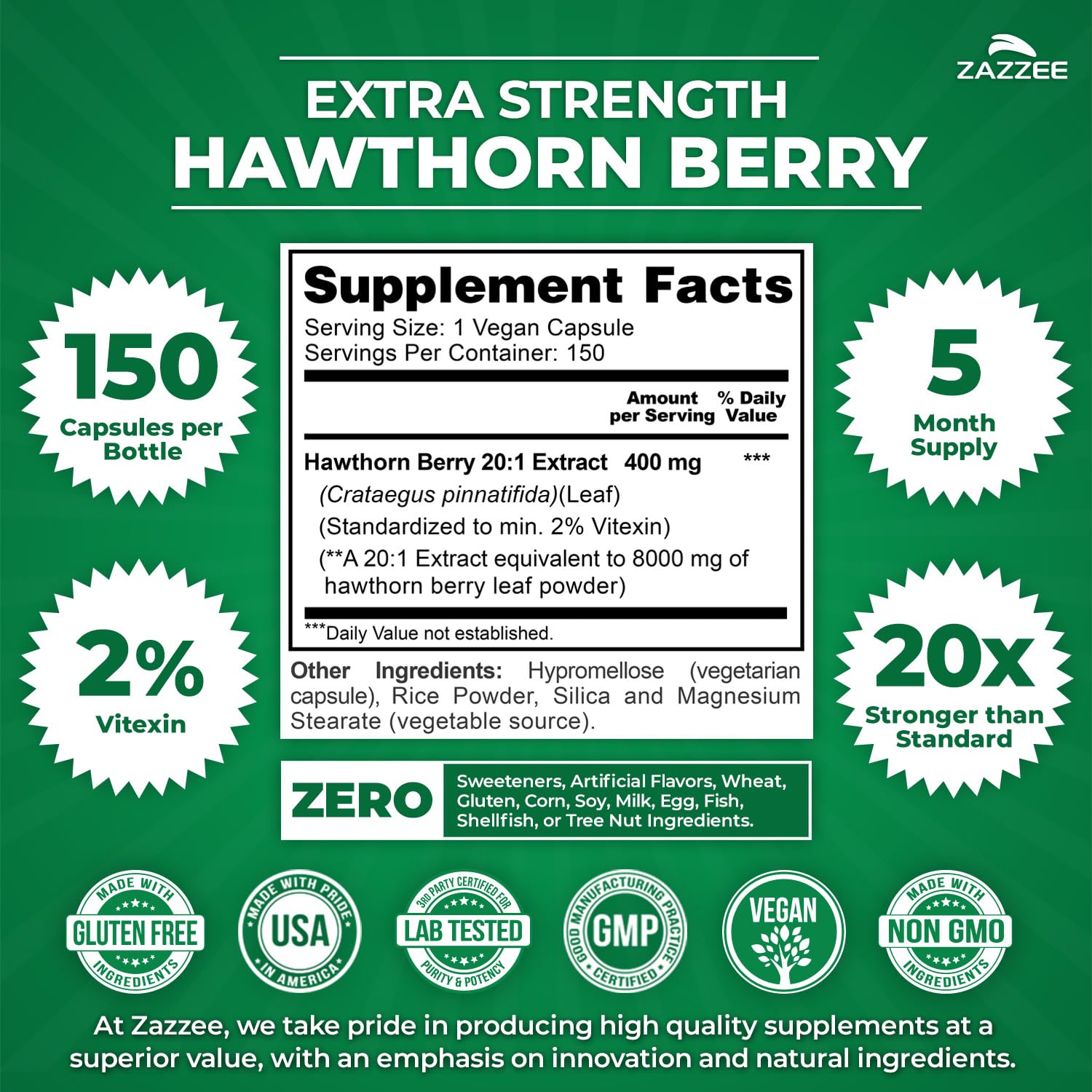 Zazzee vegan capsules in bottle for a 150-count supply