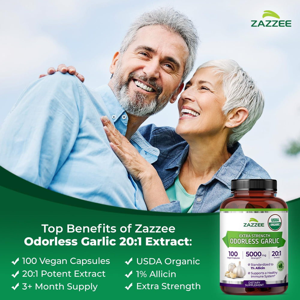 Zazzee Vegan garlic capsules illustrating plant-based, non-GMO supplement option.