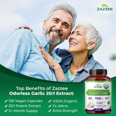 Zazzee Vegan garlic capsules illustrating plant-based, non-GMO supplement option.