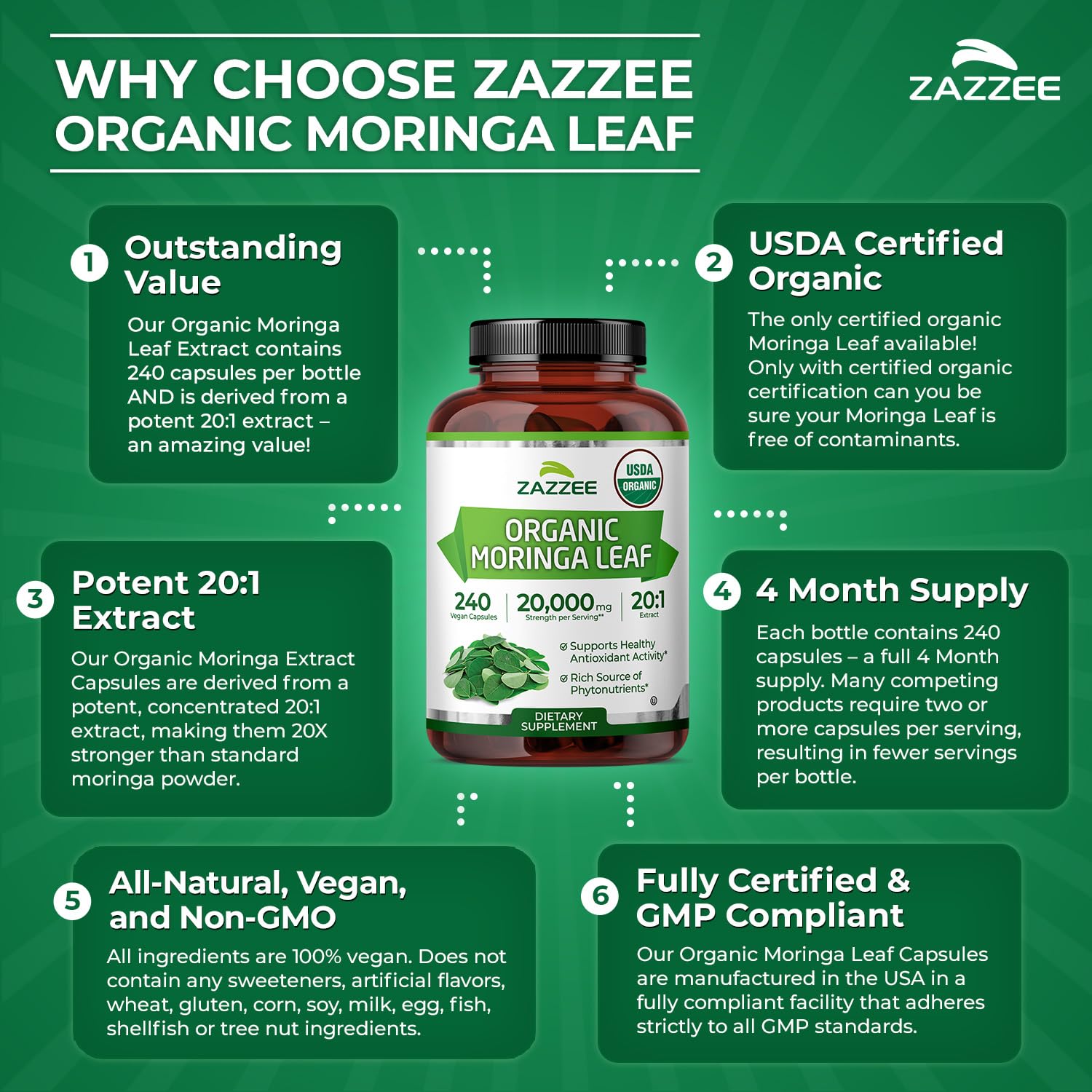 Zazzee Vegan capsules emphasize plant based, allergen friendly supplementation.