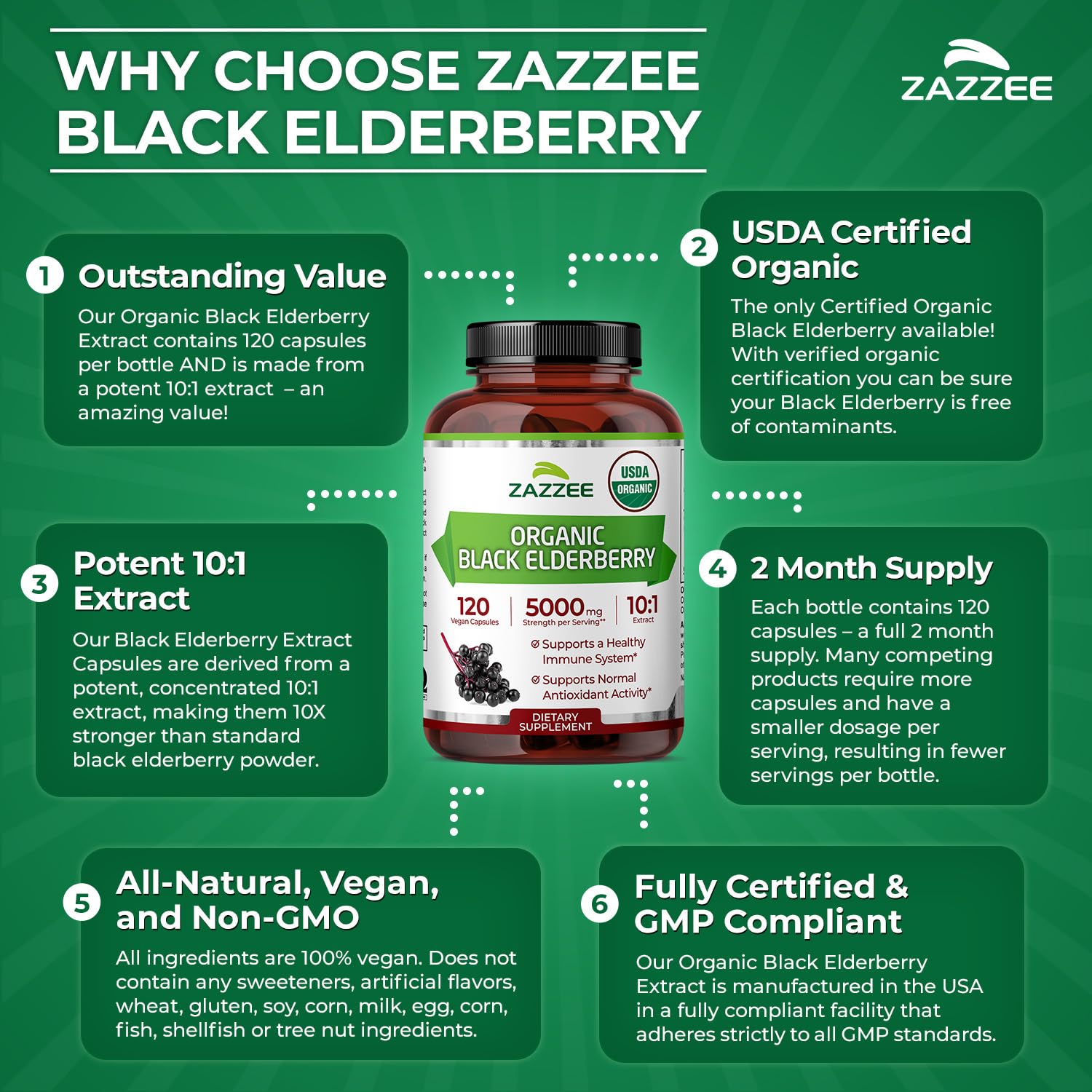 Vegan and Non-GMO icons on Zazzee elderberry capsules