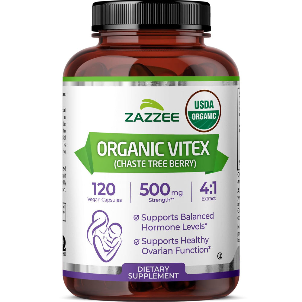 Zazzee Vitex 4:1 extract bottle label shows premium quality and a four-month supply.
