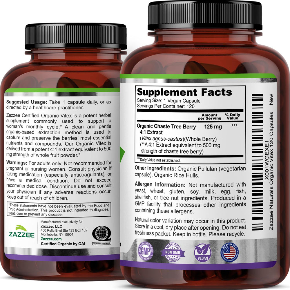 Zazzee Vitex chaste berry supplement for daily cycle support.