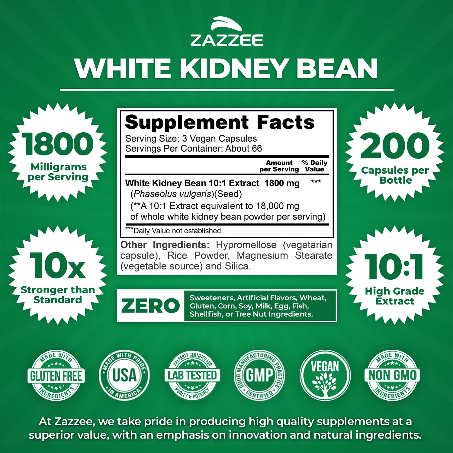 Zazzee White Kidney Bean 10:1 extract capsules ready for daily use and appetite support.