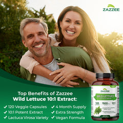 Zazzee wild lettuce capsules close up shows a 120 count bottle