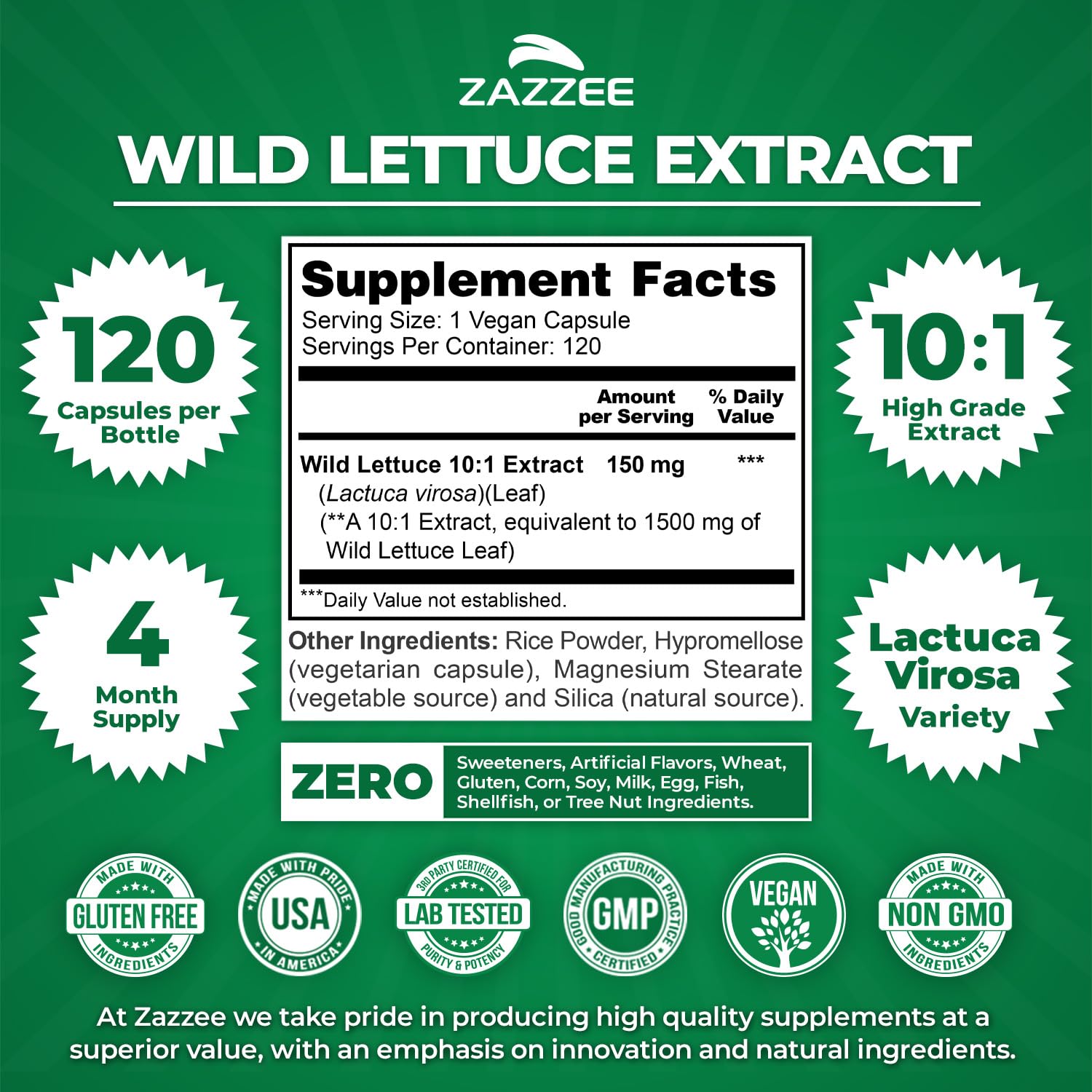 Zazzee wild lettuce extract label detail emphasizes vegan, non GMO formula