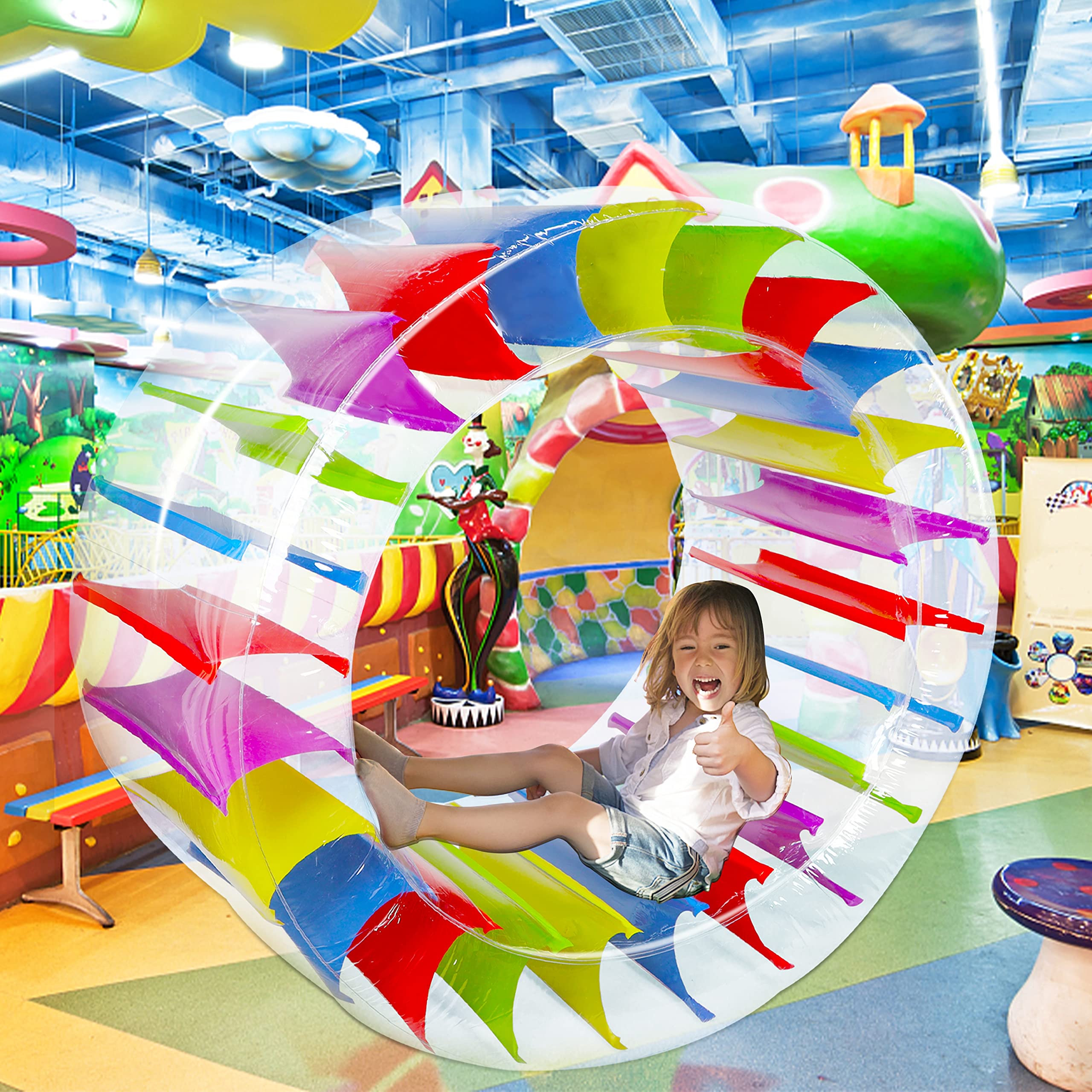 Zcaukya inflatable wheel roller rainbow stripes create a vibrant party vibe.