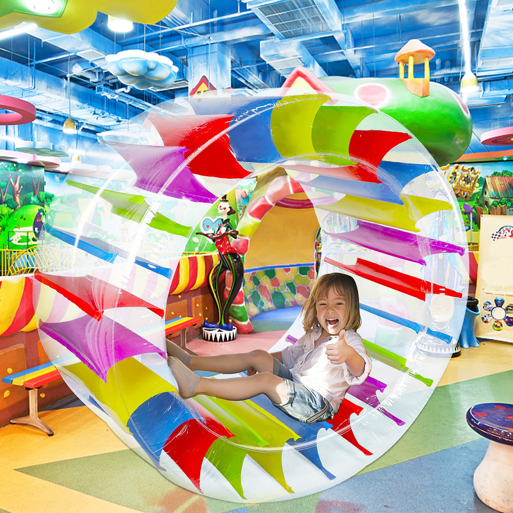 Zcaukya inflatable wheel roller rainbow stripes create a vibrant party vibe.