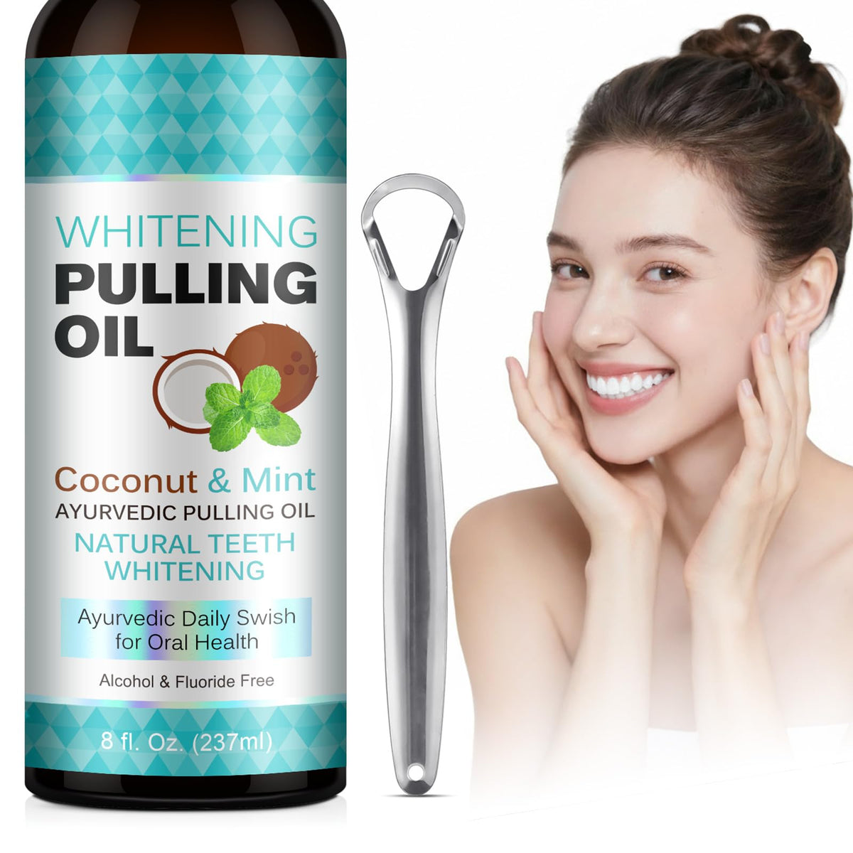 ZCPMFKC Peppermint Coconut Oil Pulling Mouthwash bottle pour for a refreshing start.