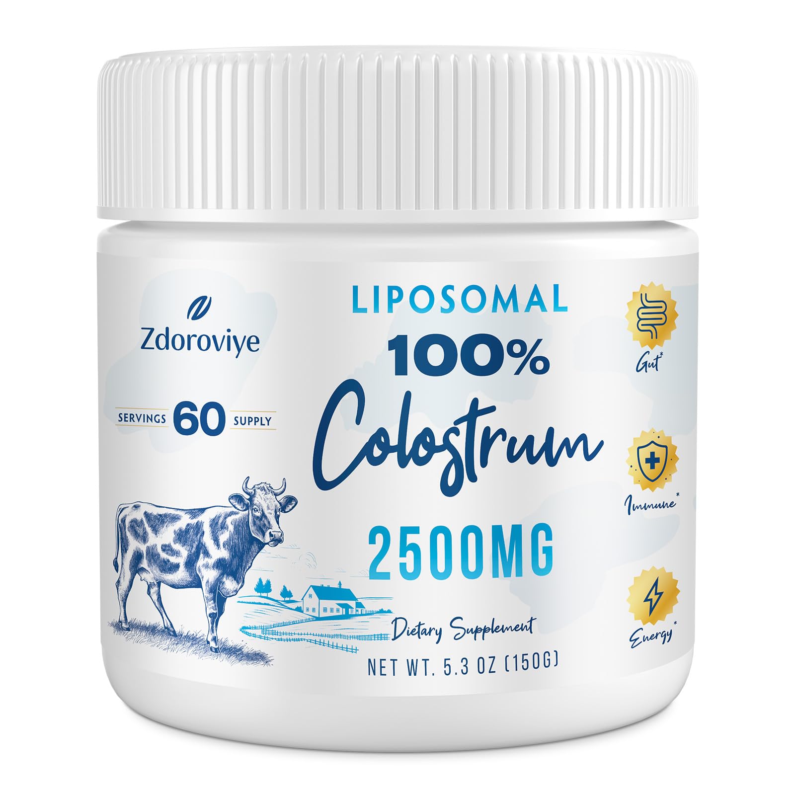 Zdoroviye liposomal bovine colostrum powder bottle shown for daily use and packaging