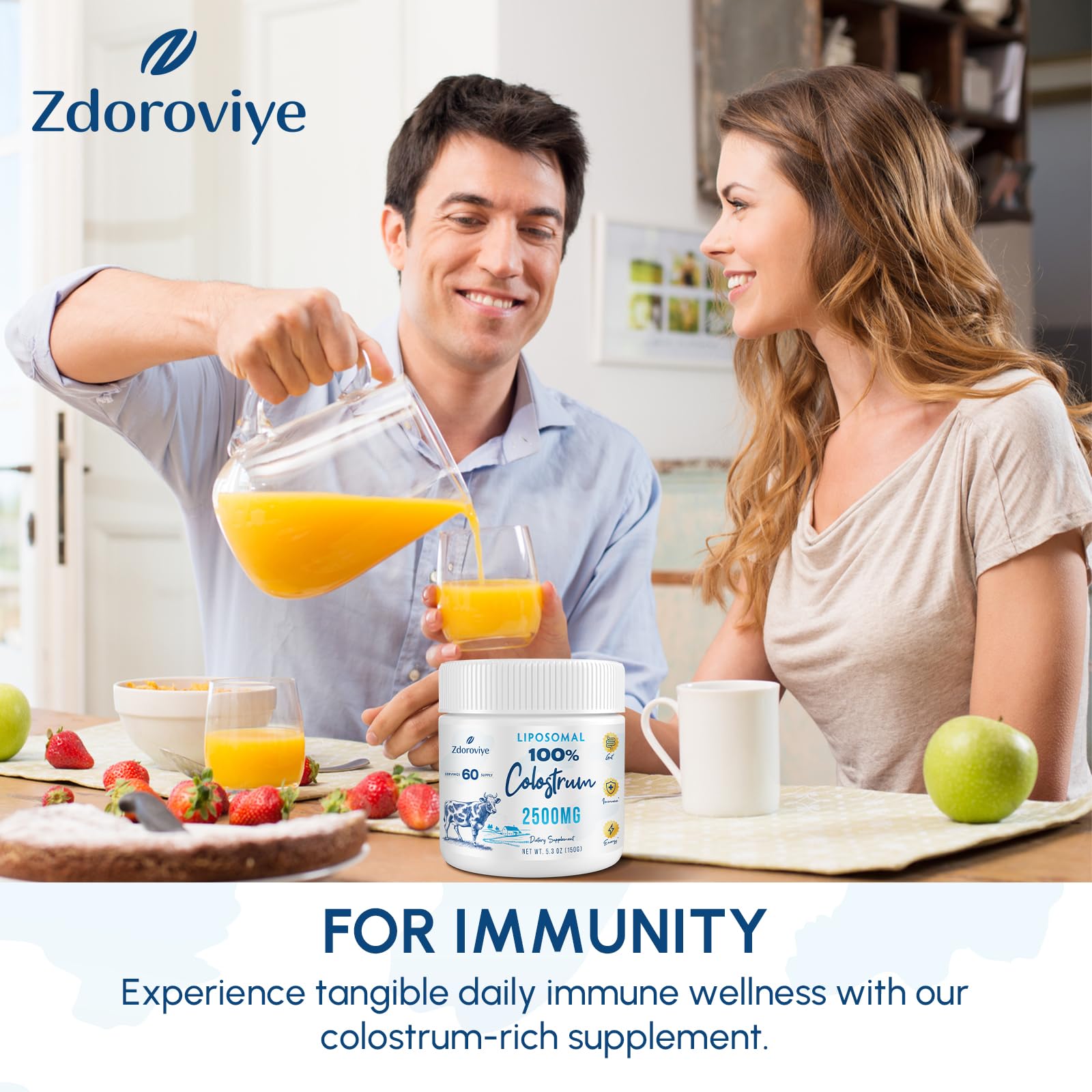 Zdoroviye liposomal bovine colostrum powder being poured into a glass